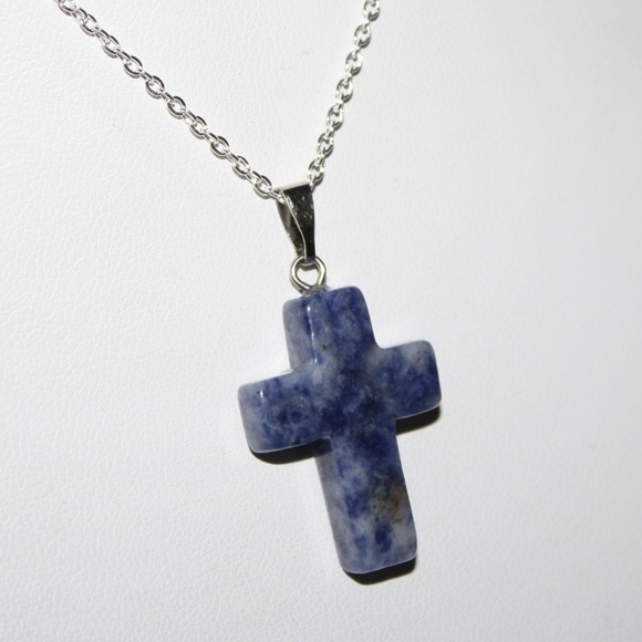 Vintagejelyfish Jewelry - Natural stone sodalite cross with silver chain
